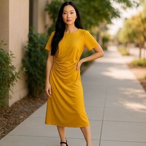 OPT Side Ruched Midi Dress Womens Size Small Molten Gold Side Zip Flutter Sleeve